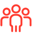 Icon van drie mensen in een rode kleur, symboliserend samenwerking of een team.