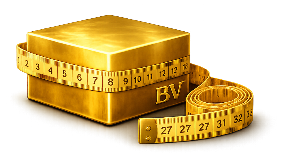 Een gouden doos met een meetlint eromheen, met de letters 'BV' op de voorkant.